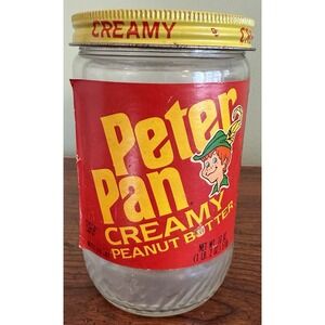 Vintage 1980s Peter Pan Creamy Peanut Butter Glass Jar with Labels.